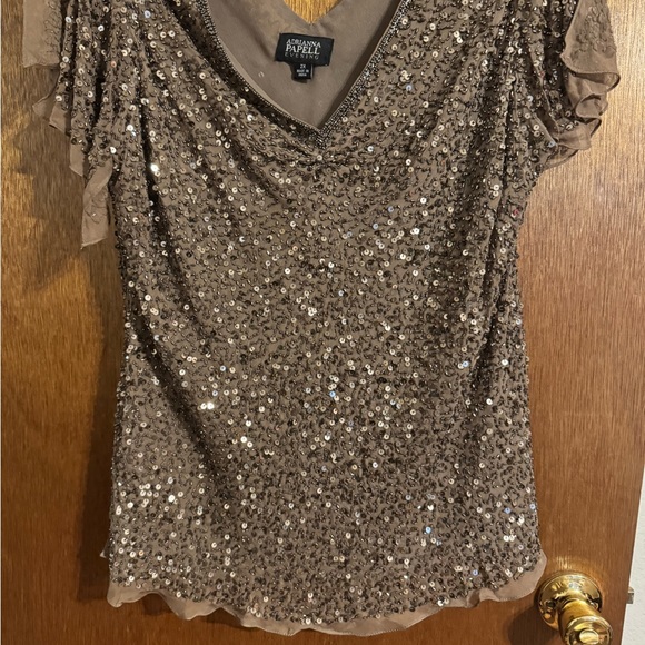 Adrianna Papell Sequin V-Neck Blouse in Brown - Picture 8 of 9